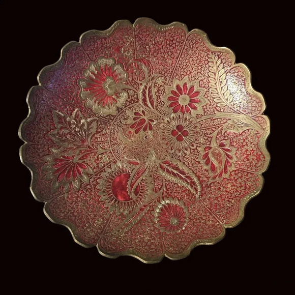 Decorative Brass Bowl 9 inch x 2 inch Orange Floral Design - Picture 5 of 6